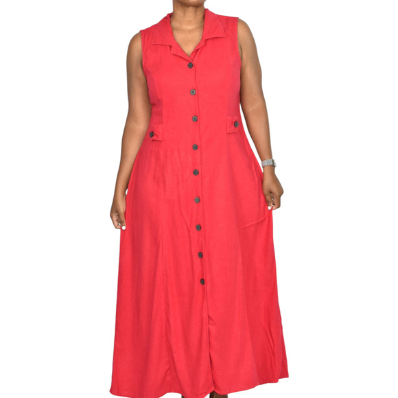 Vintage Erika Linen Blend Dress Red Maxi Cutout Button Front Shirtdress Medium - Picture 11 of 15